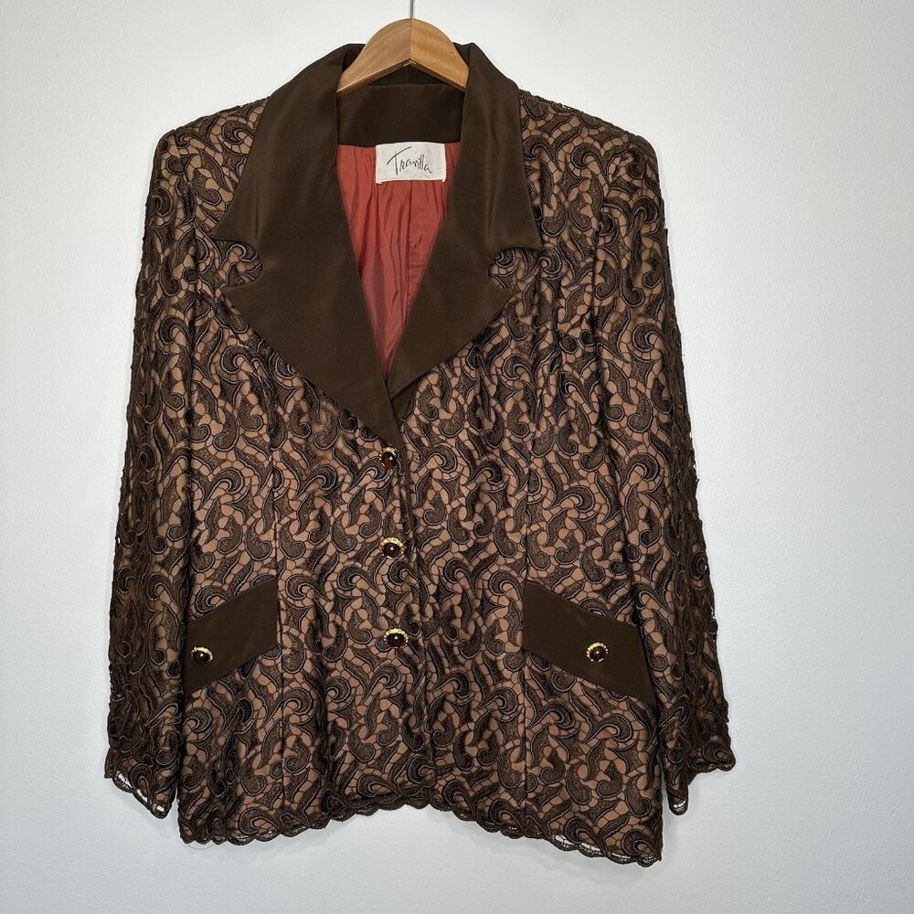 Vintage Travilla Lace‎ Overlay Blazer Jacket Size 16 Chocolate Brown